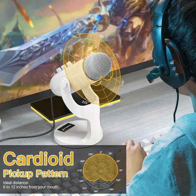 Alt view image 13 of 14 - Podcast Microphone, Noise Cancellation Mic with Gain, Volume Adjustment & Mute Button, Monitor & Echo, for ASMR, Vocal Recording, YouTube, TikTok, PC, iPhone, iPad, Android, Mac, K66, White