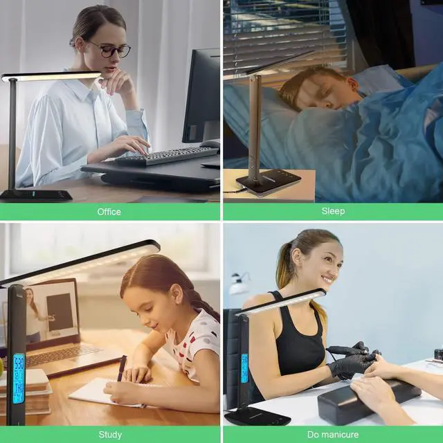 Alt view image 14 of 14 - Desk Light with Wireless Charger, USB Charging Port, Dimmable Office Desk Lamp with Clock, Alarm, Date, Temperature, Foldable Lamp for Table Bedroom Bedside Office