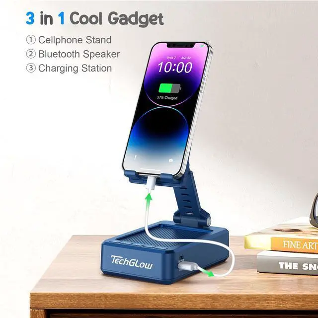 Alt view image 9 of 14 - Gifts for Men Women Foldable Cellphone Stand with Bluetooth Speaker and Charging Funtion Birthday Gift Idea for Mom Dad Cool Gadget Tech Gifts-Blue
