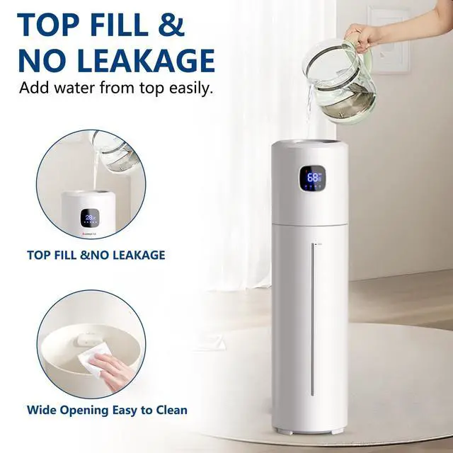 Alt view image 3 of 6 - Large Humidifiers for Bedroom, 9L/2.5Gal Ultrasonic Cool Mist, Top Fill Easy Clean with 350ML/H Mist Speed, Quiet, Suitable for Kids Room Plant Yoga Office Study Room Living (White, Round)
