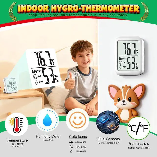 Alt view image 3 of 7 - 2 Pack Room Thermometer for Home, Hygrometer Indoor Humidity Meter Gauge, Digital Temperature and Humidity Monitor Sensor for House, Terrarium, Incubator, Greenhouse - Battery Included