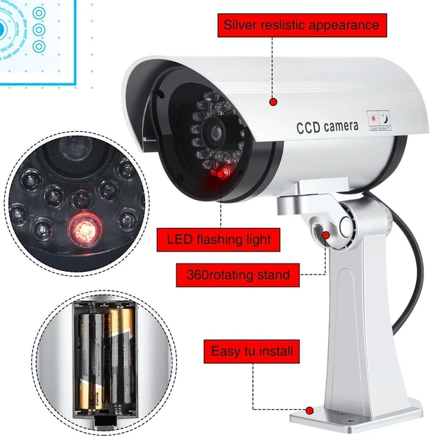 Alt view image 2 of 7 - 8 Pack Fake Security Cameras with Flashing LED for Home & Residential Dummy Surveillance Camera, Front Door Backyard Driveway Mailbox Outside & Indoor Security, Fake CCTV, Warning Stickers
