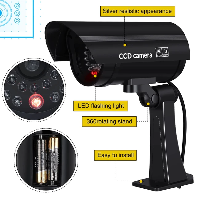 Alt view image 4 of 7 - 8 Pack Dummy Security Cameras with Flashing LED for Outdoor Indoor Fake Surveillance Camera, Imitation Security Camera for Home Garage Store & Warehouse, Realistic Appearance, Warning Stickers