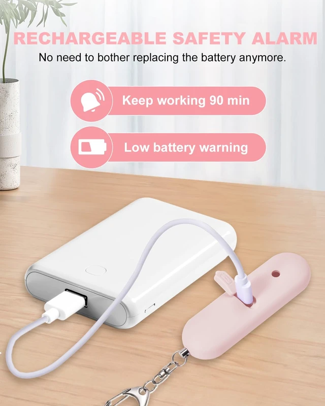 Alt view image 4 of 7 - Personal Safety Alarm for Women - Waterproof Rechargeable Security Alarm - 140dB Extra Loud Siren with SOS Strobe Light - Self Defense Keychain for Women Girls Teens Seniors(Pink)