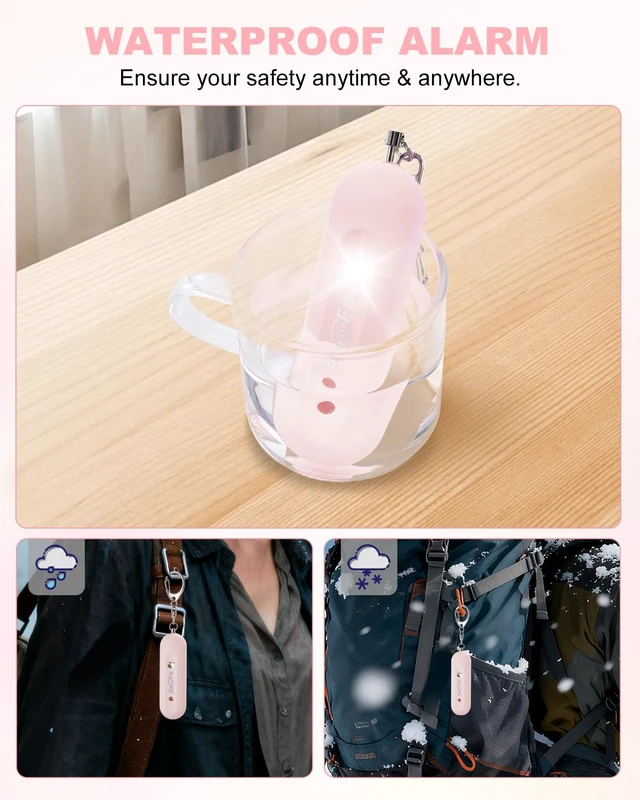 Alt view image 3 of 7 - Personal Safety Alarm for Women - Waterproof Rechargeable Security Alarm - 140dB Extra Loud Siren with SOS Strobe Light - Self Defense Keychain for Women Girls Teens Seniors(Pink)