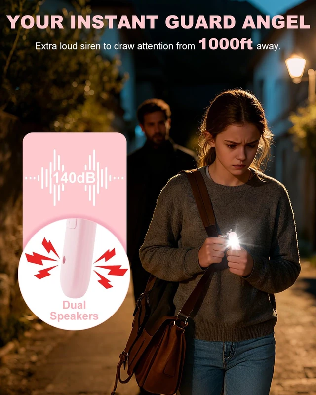 Alt view image 2 of 7 - Personal Safety Alarm for Women - Waterproof Rechargeable Security Alarm - 140dB Extra Loud Siren with SOS Strobe Light - Self Defense Keychain for Women Girls Teens Seniors(Pink)
