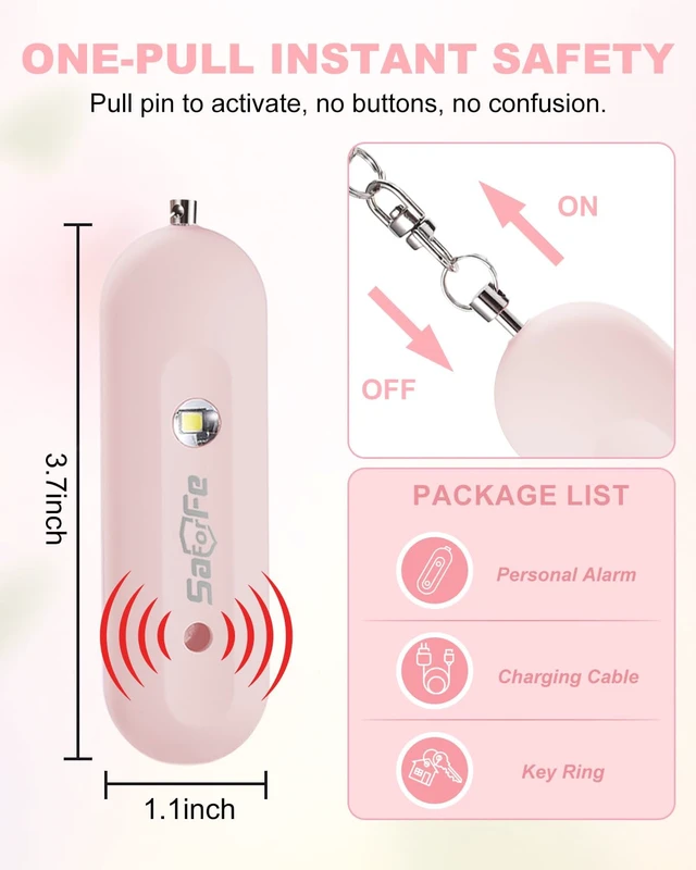 Alt view image 6 of 7 - Personal Safety Alarm for Women - Waterproof Rechargeable Security Alarm - 140dB Extra Loud Siren with SOS Strobe Light - Self Defense Keychain for Women Girls Teens Seniors(Pink)