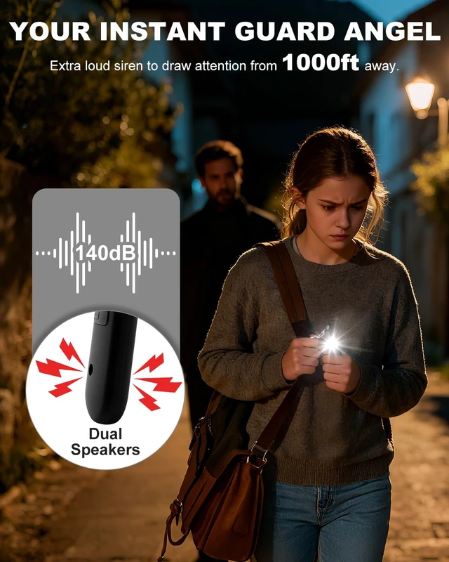 Alt view image 2 of 7 - Personal Safety Alarm for Women - Waterproof Rechargeable Security Alarm - 140dB Extra Loud Siren with SOS Strobe Light - Self Defense Keychain for Women Girls Teens Seniors(Black)