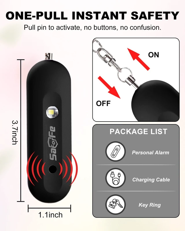 Alt view image 6 of 7 - Personal Safety Alarm for Women - Waterproof Rechargeable Security Alarm - 140dB Extra Loud Siren with SOS Strobe Light - Self Defense Keychain for Women Girls Teens Seniors(Black)