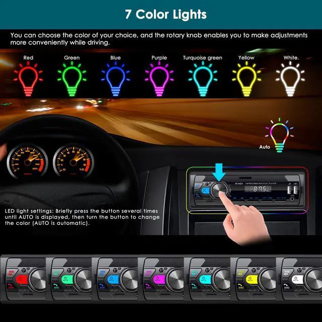 Alt view image 3 of 7 - Car Radio Bluetooth, Single DIN Car Stereo,FM Radio,Car Audio Receivers with Handsfree Calling & Music Streaming,Supports USB,SD,AUX,7 LED Colors MP3 Player,Quick Charge,Clock Display,No CD