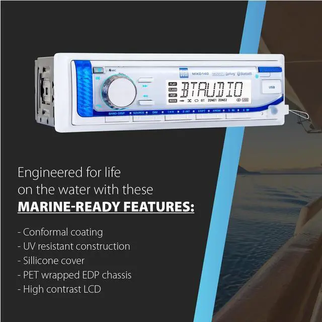 Alt view image 2 of 7 - MXD140 Marine Stereo Bluetooth Single DIN Weatherproof AM/FM | Weatherproof receiver for boats, sunlight-readable LCD, USB port with 2.1A charging, AM/FM tuner, white single-DIN design