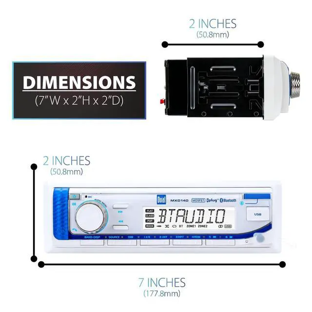 Alt view image 4 of 7 - MXD140 Marine Stereo Bluetooth Single DIN Weatherproof AM/FM | Weatherproof receiver for boats, sunlight-readable LCD, USB port with 2.1A charging, AM/FM tuner, white single-DIN design
