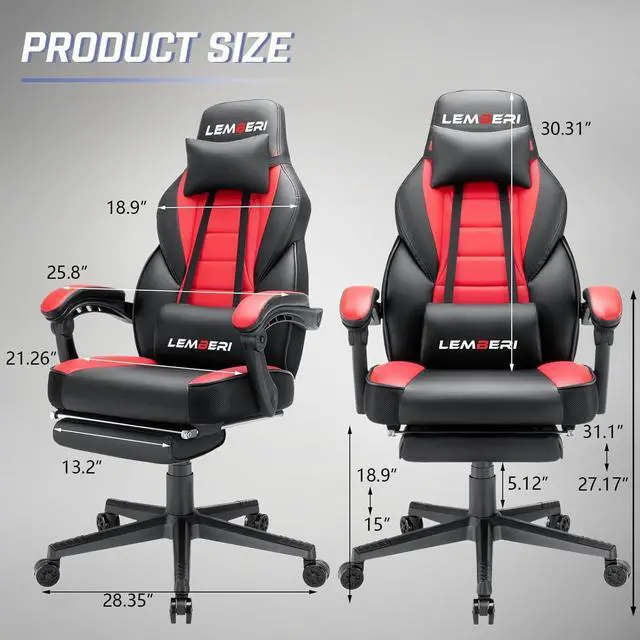 Alt view image 3 of 7 - LEMBERI Big and Tall Gaming Chair, 400lb Capacity, Red | Heavy-duty steel frame, wide seat & high back, PU leather, reinforced footrest, linkage armrests for PC desk & office