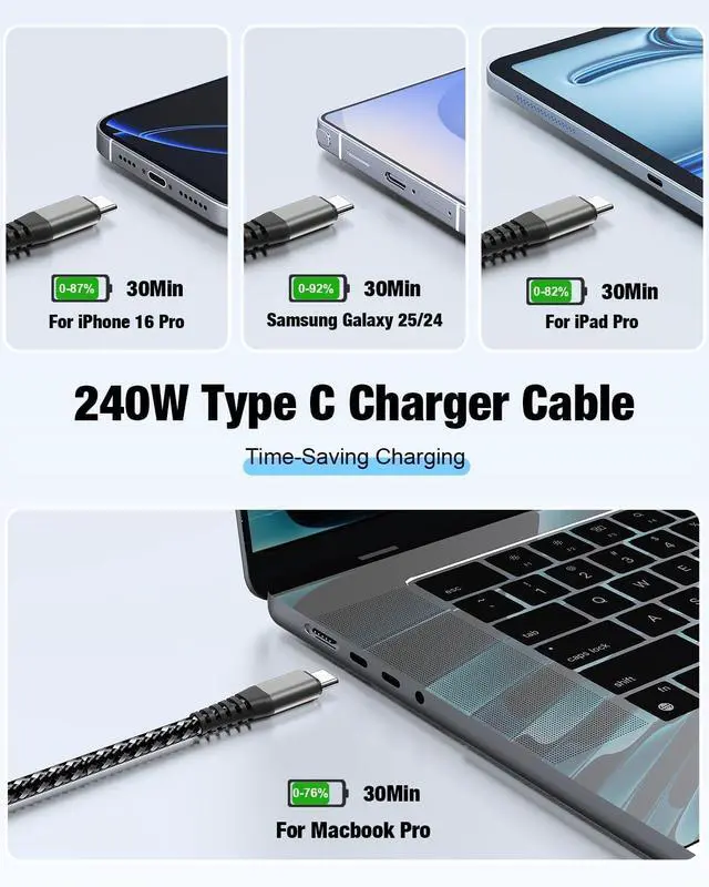 Alt view image 3 of 7 - USB C to USB C Cable, 240w Type C Charger Fast Charging for iPhone 17 16 15 Pro Max Plus Air, Braided USB-C Cable for iPad Mini, Laptop Charge Cord for Macbook Neo Chromebook, Samsung S25 Black 6+10Ft