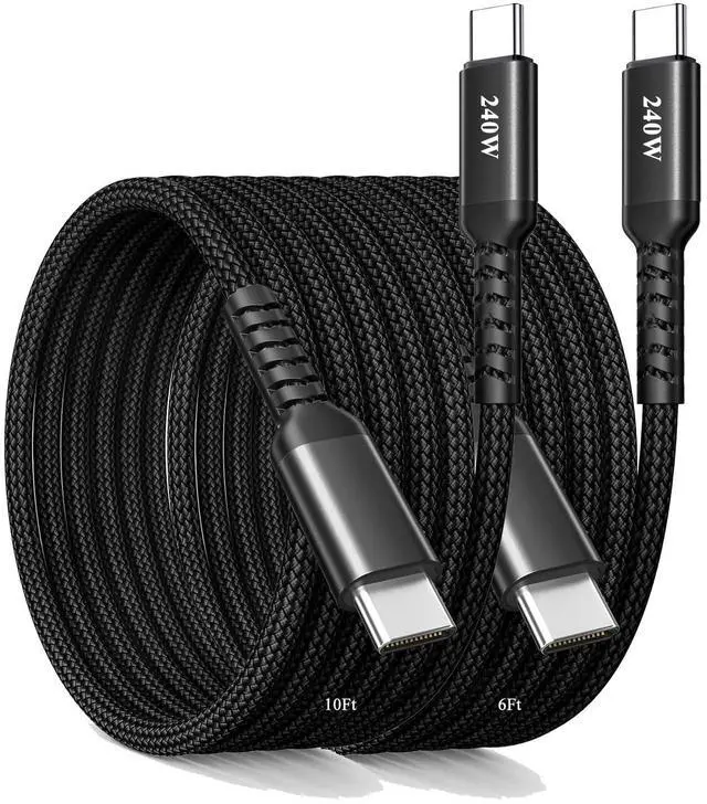 Main image of USB C to USB C Cable, 240w Type C Charger Fast Charging for iPhone 17 16 15 Pro Max Plus Air, Braided USB-C Cable for iPad Mini, Laptop Charge Cord for Macbook Neo Chromebook, Samsung S25 Black 6+10Ft