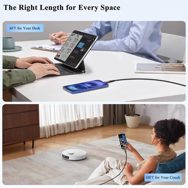 Alt view image 6 of 7 - USB C to USB C Cable, 240w Type C Charger Fast Charging for iPhone 17 16 15 Pro Max Plus Air, Braided USB-C Cable for iPad Mini, Laptop Charge Cord for Macbook Neo Chromebook, Samsung S25 Black 6+10Ft