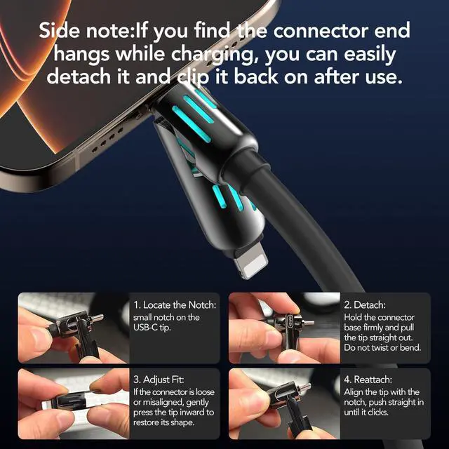 Alt view image 4 of 7 - MFish 240W 4-in-1 Fast Charging Cable, Black, 3.3FT | Carrying Case, USB-A & USB-C to USB-C/Lightning, For iPhone 17/16/15/14, MacBook, iPad, Laptop, Samsung S25/S24