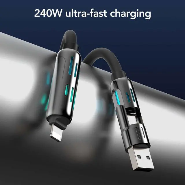 Alt view image 2 of 7 - MFish 240W 4-in-1 Fast Charging Cable, Black, 3.3FT | Carrying Case, USB-A & USB-C to USB-C/Lightning, For iPhone 17/16/15/14, MacBook, iPad, Laptop, Samsung S25/S24