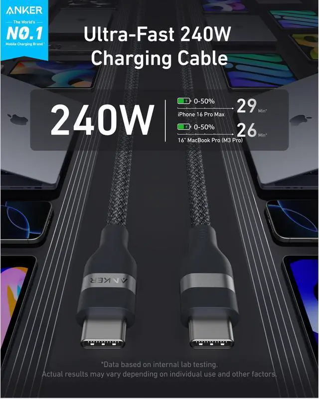 Alt view image 2 of 6 - Anker Nano USB C to USB C Cable, 240W Fast Charging Cable (10 ft, Black)
