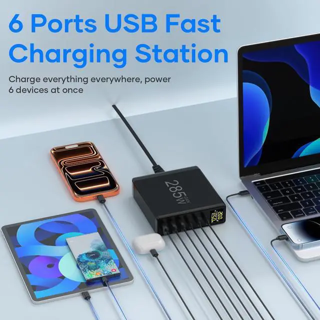 Alt view image 3 of 7 - 285W USB C Charger Block, YSYFAD 6 Ports Multiple USB Charging Station with Digital LCD Dispaly GaN Fast 100W USBC Charger for MacBook Laptops Multiport USBA Charger for i Pad i Phone Samsung, Black