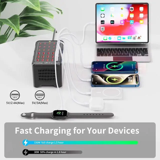 Alt view image 3 of 7 - 150W(30A) USB Charging Station, 30-Port USB C Charger Block, Multiple Desktop/Wall Fast Charger with Intelligent Protection Compatible with iPhone, iPad, Tablets, Smartphones