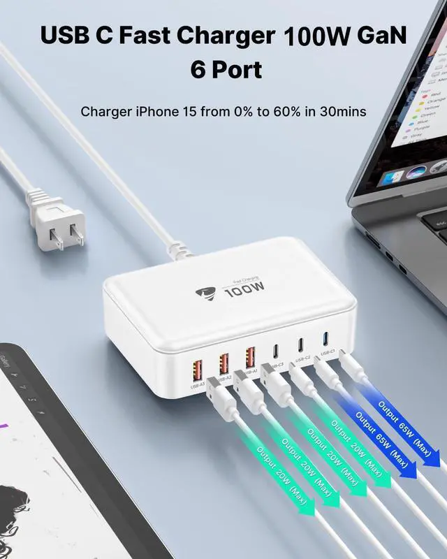 Alt view image 2 of 7 - USB C Fast Charger, 100W GaN 6 Port USB C Fast Charging Station Hub Block Cube, QC USB A and PD USB C Wall Charger Power Multiple USB Charger Plug for iPhone 17 16 15 14 13 12 Pro Max, iPad, Samsung