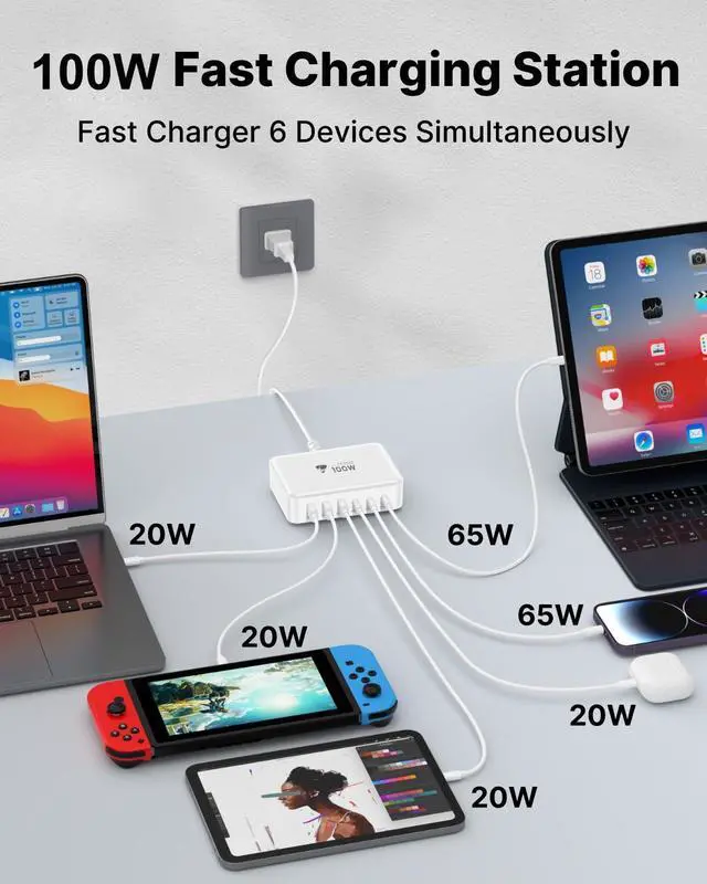 Alt view image 3 of 7 - USB C Fast Charger, 100W GaN 6 Port USB C Fast Charging Station Hub Block Cube, QC USB A and PD USB C Wall Charger Power Multiple USB Charger Plug for iPhone 17 16 15 14 13 12 Pro Max, iPad, Samsung