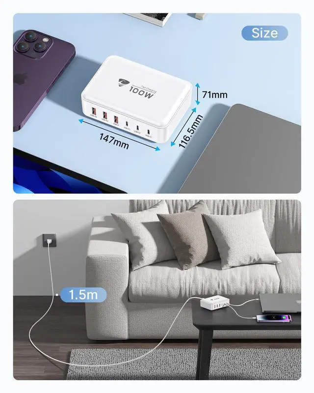 Alt view image 6 of 7 - USB C Fast Charger, 100W GaN 6 Port USB C Fast Charging Station Hub Block Cube, QC USB A and PD USB C Wall Charger Power Multiple USB Charger Plug for iPhone 17 16 15 14 13 12 Pro Max, iPad, Samsung
