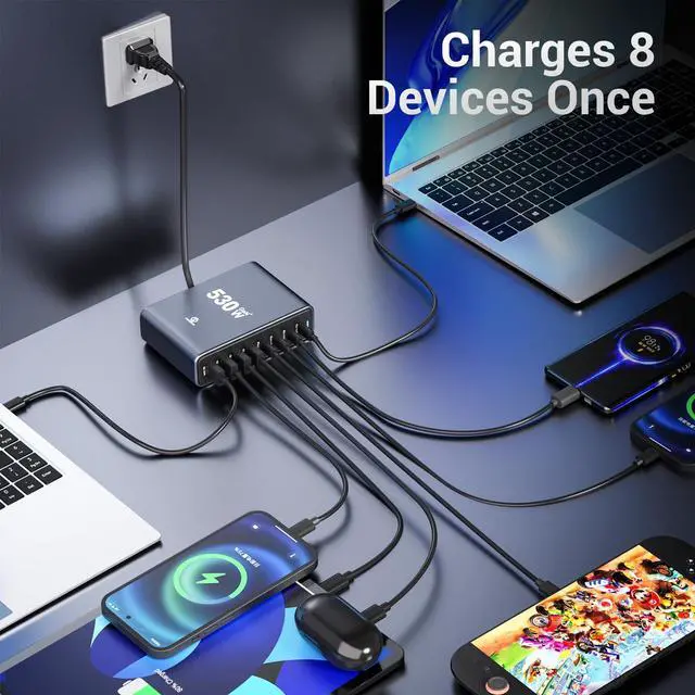 Alt view image 2 of 7 - 530W USB C Charging Station, 8-Port Desktop Charger, PD 140W PD 65W QC 30W GaN Fast USB Charger Block for MacBook, Ipad, iPhone, Samsung