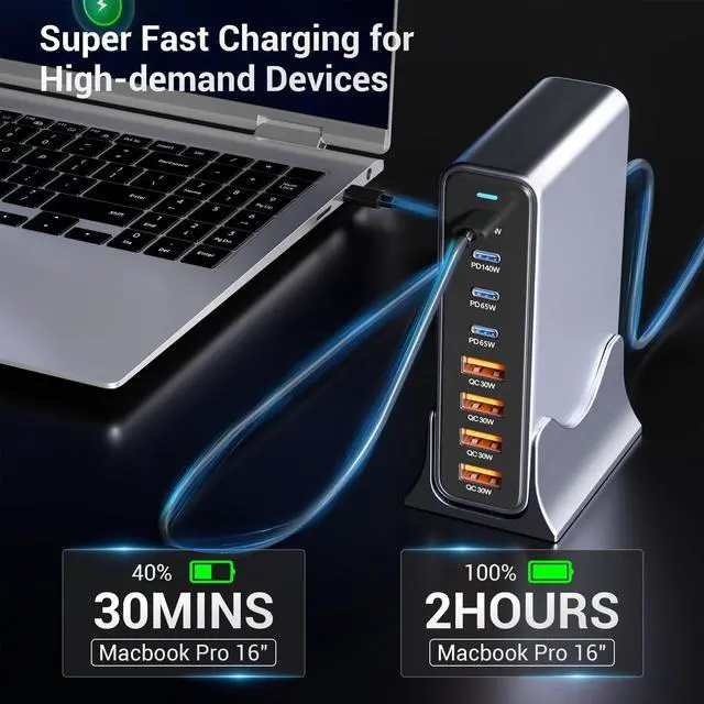 Alt view image 6 of 7 - 530W USB C Charging Station, 8-Port Desktop Charger, PD 140W PD 65W QC 30W GaN Fast USB Charger Block for MacBook, Ipad, iPhone, Samsung