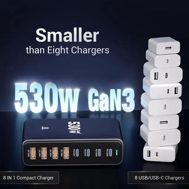Alt view image 5 of 7 - 530W USB C Charging Station, 8-Port Desktop Charger, PD 140W PD 65W QC 30W GaN Fast USB Charger Block for MacBook, Ipad, iPhone, Samsung
