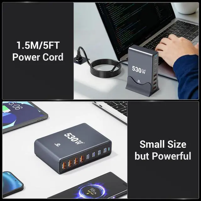 Alt view image 7 of 7 - 530W USB C Charging Station, 8-Port Desktop Charger, PD 140W PD 65W QC 30W GaN Fast USB Charger Block for MacBook, Ipad, iPhone, Samsung