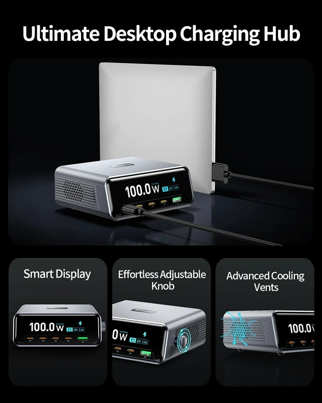 Alt view image 6 of 7 - 100W 5Port GaN Desktop Charging Station for Multiple Devices | 2.25" LCD Smart Display Control, Fast USB C Charger for MacBook/iPad/iPhone/Galaxy, Ideal for Home Office & Gaming