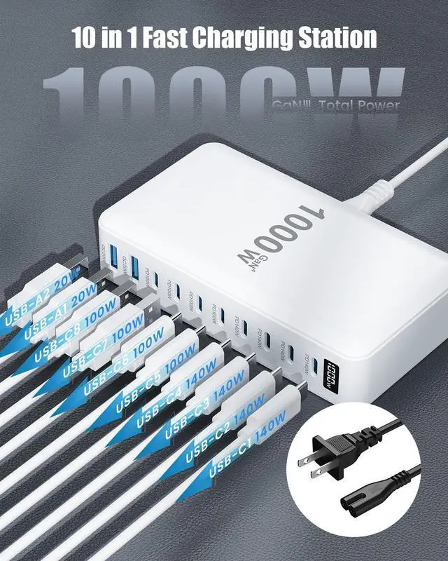 Alt view image 2 of 7 - 1000W USB C Charger Block,10-Port USB C Charging Station GaN IV Travel Essentials Multiple Port Charging Station,140W Laptop Fast Charger Adapter for MacBook Pro/Air,DELL,iPad,iPhone,Samsung Galaxy
