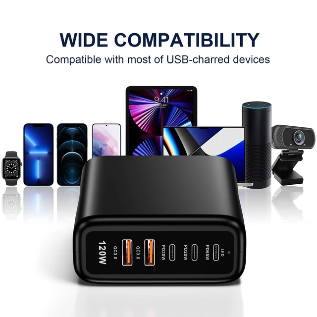 Alt view image 9 of 14 - USB C Charging Station Fast Wall Charger USBC Charging Power Hub for Multiple Device Desktop Charge Block 3 USB C 2 USB A 120W Pd Rapid Strip Adapter Compatible for iPhone iPad Galaxy Smart Cell Phone