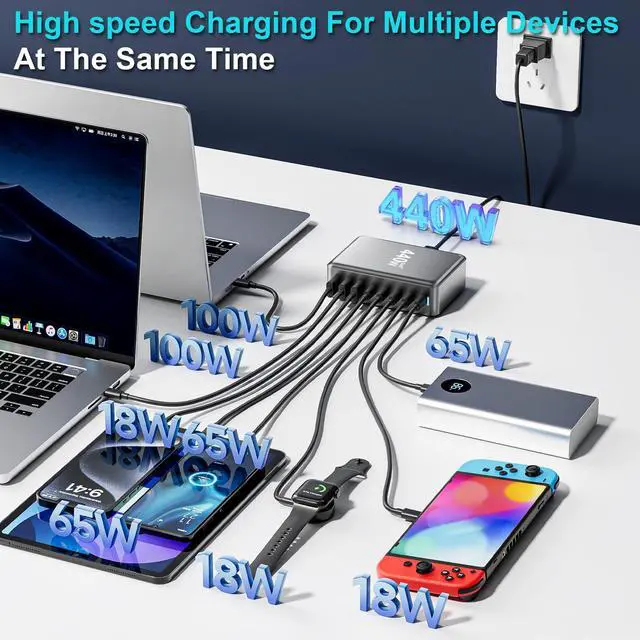 Alt view image 2 of 6 - 440W USB C Charger Block, Multi-port Fast USB Charging Station Dual PD 100W GaN Charging Station For Multiple Devices, Laptop Charger Adapter Compatible with MacBook, DELL, iPad, iPhone, Samsung etc