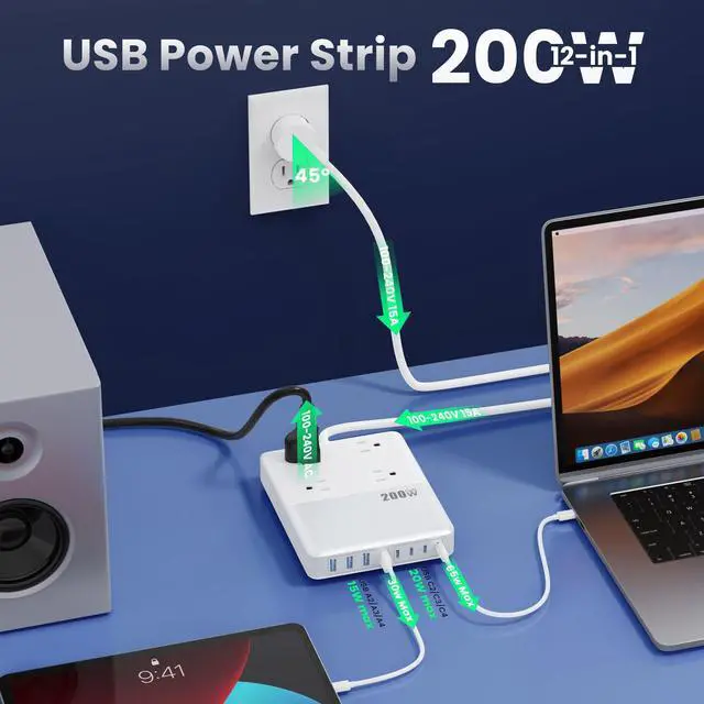 Alt view image 3 of 7 - 200W USB C Charging Station Power Strip with Cord and Plug,USB C Charger Block,4 AC Outlets,8 USB Ports for MacBook,iPhone 17/16/15,Fast Charging Desktop Charger for Office,Home (White)