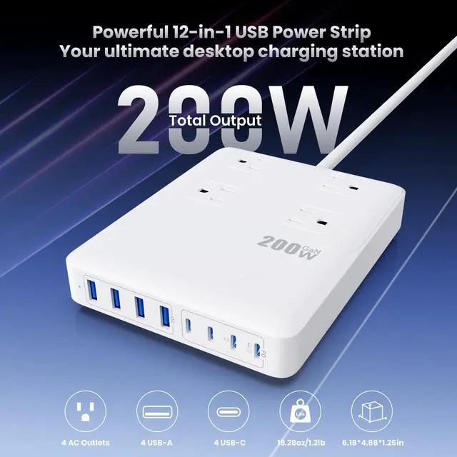 Alt view image 4 of 7 - 200W USB C Charging Station Power Strip with Cord and Plug,USB C Charger Block,4 AC Outlets,8 USB Ports for MacBook,iPhone 17/16/15,Fast Charging Desktop Charger for Office,Home (White)