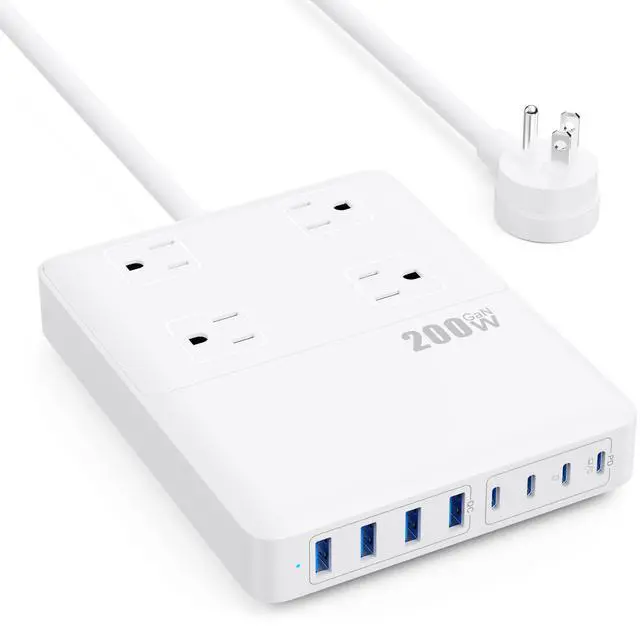 Main image of 200W USB C Charging Station Power Strip with Cord and Plug,USB C Charger Block,4 AC Outlets,8 USB Ports for MacBook,iPhone 17/16/15,Fast Charging Desktop Charger for Office,Home (White)