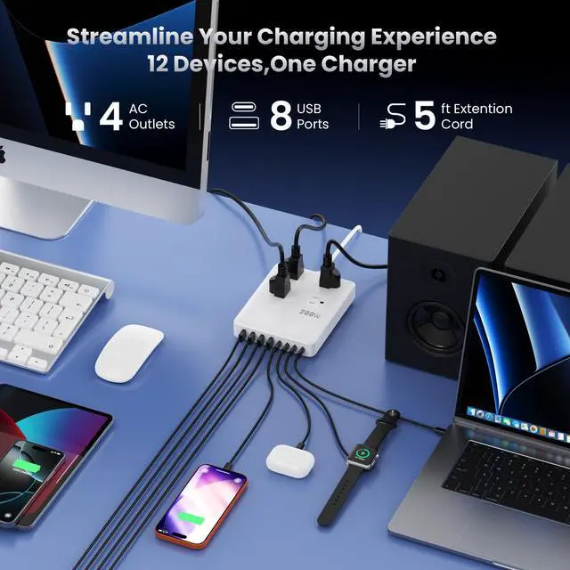Alt view image 2 of 7 - 200W USB C Charging Station Power Strip with Cord and Plug,USB C Charger Block,4 AC Outlets,8 USB Ports for MacBook,iPhone 17/16/15,Fast Charging Desktop Charger for Office,Home (White)