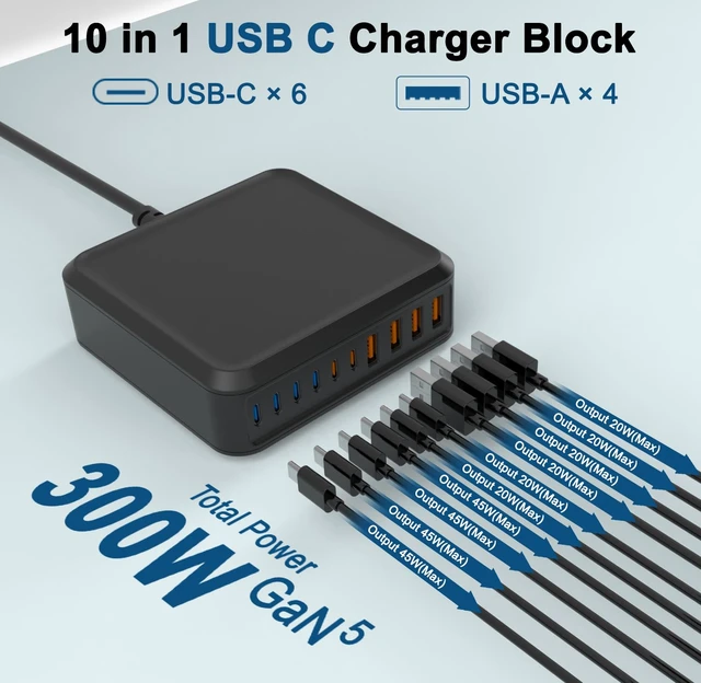 Alt view image 2 of 7 - 300W GaN Charging Station 10 Port USB C Charger Block Type C Charging Hub | iPhone Charger Fast Charging with 6FT/10FT Cables for iPhone 17 16 15 Pro Max Plus,Galaxy S25 S24 S23,iPad Pro/Air,Tablet