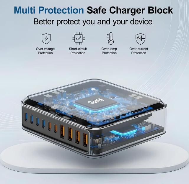 Alt view image 5 of 7 - 300W GaN Charging Station 10 Port USB C Charger Block Type C Charging Hub | iPhone Charger Fast Charging with 6FT/10FT Cables for iPhone 17 16 15 Pro Max Plus,Galaxy S25 S24 S23,iPad Pro/Air,Tablet