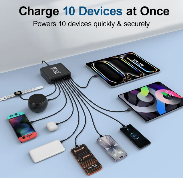 Alt view image 4 of 7 - 300W GaN Charging Station 10 Port USB C Charger Block Type C Charging Hub | iPhone Charger Fast Charging with 6FT/10FT Cables for iPhone 17 16 15 Pro Max Plus,Galaxy S25 S24 S23,iPad Pro/Air,Tablet