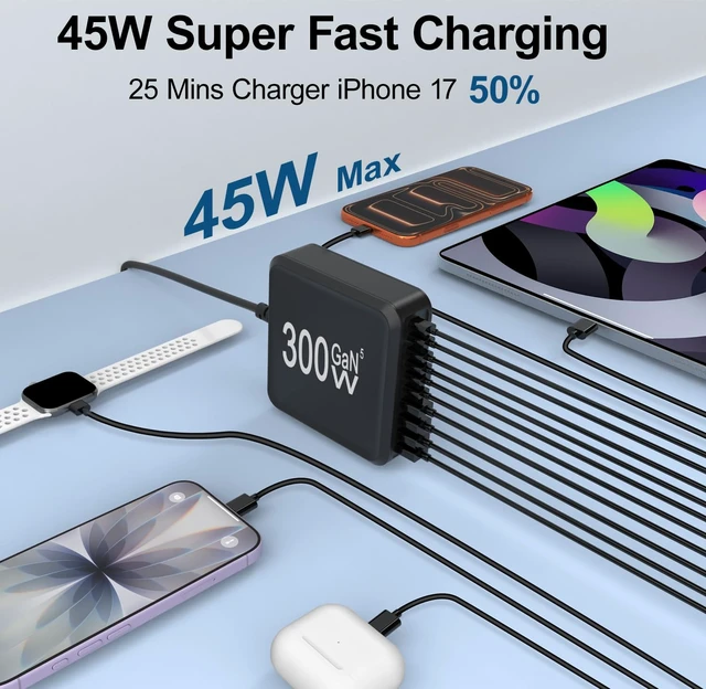 Alt view image 3 of 7 - 300W GaN Charging Station 10 Port USB C Charger Block Type C Charging Hub | iPhone Charger Fast Charging with 6FT/10FT Cables for iPhone 17 16 15 Pro Max Plus,Galaxy S25 S24 S23,iPad Pro/Air,Tablet