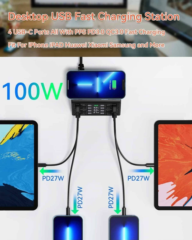 Alt view image 2 of 6 - USB Charger, 100W 8 Port Multiple USB Charging Station with 4 Quick Charge 3.0, 4 USB C PD Port, Wireless Charger, LCD Display Fast Charging Hub for iPhone 13 12 iPad Samsung and More