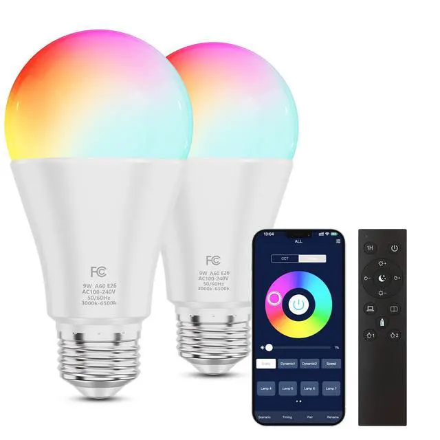 Main image of A19 Color Changing Light Bulb with Remote Control&App Control, 800LM 9W(60W Equivalent) Dimmable 3000K-6500K RGBWW,E26 Base 2.4GHz,Light Bulb for Home Decor,2Bulb&1Remote
