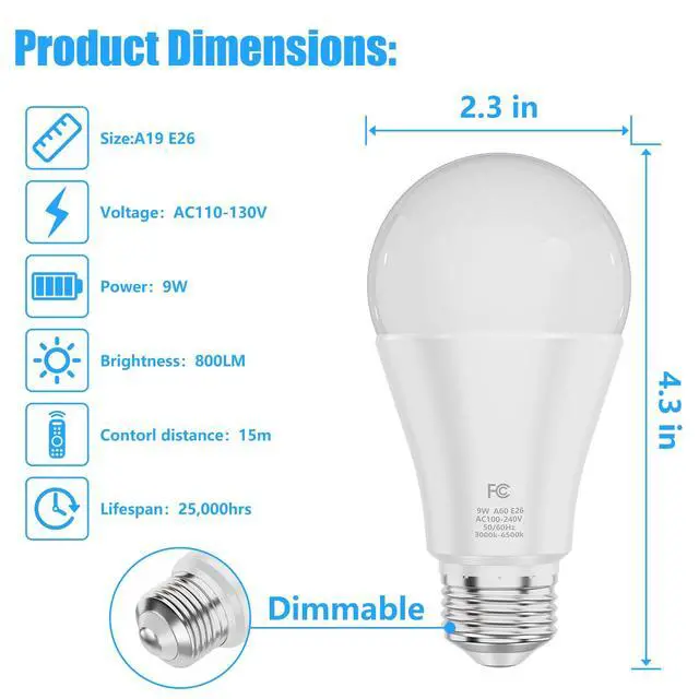 Alt view image 4 of 7 - A19 Color Changing Light Bulb with Remote Control&App Control, 800LM 9W(60W Equivalent) Dimmable 3000K-6500K RGBWW,E26 Base 2.4GHz,Light Bulb for Home Decor,2Bulb&1Remote