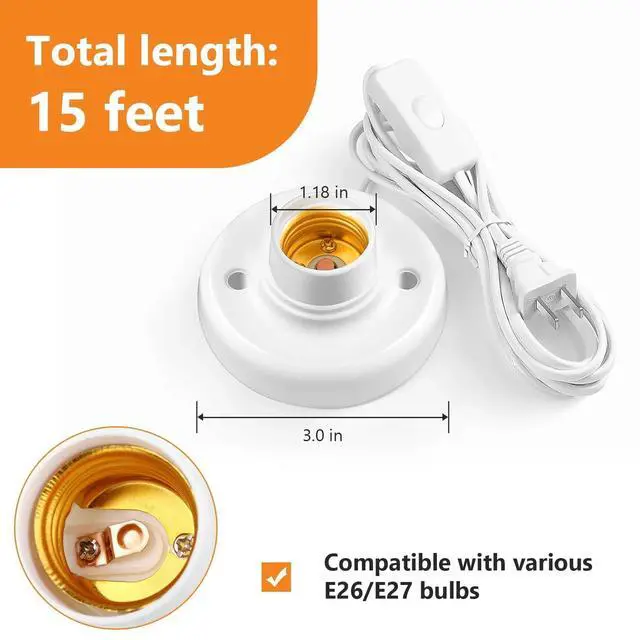 Alt view image 3 of 7 - Light Socket with Cord Light Bulb Base E26/ E27 Lamp Base Desktop 15ft Include Screw Light Bulb Socket with On/Off Switch Hanging Light Cord Extension (1)