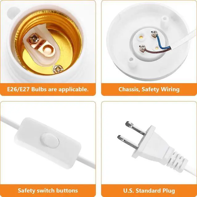 Alt view image 6 of 7 - Light Socket with Cord Light Bulb Base E26/ E27 Lamp Base Desktop 15ft Include Screw Light Bulb Socket with On/Off Switch Hanging Light Cord Extension (1)