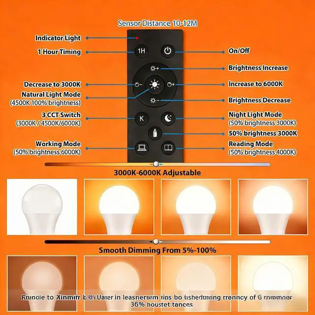 Alt view image 3 of 7 - Remote Control Light Bulbs, A19 LED Bulb, 9W LED Bulb (60W Equivalent), 810LM, 3000K-6000K Dimmable 10%-100%, E26 Base, Light Bulb with Timer for Living Room, Bedroom, 2-Pack